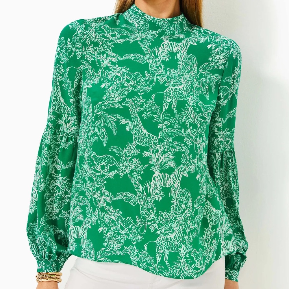 Lilly Pulitzer 100% Silk Witaker Fiddle Leaf Green Safari Party Blouse Size XS